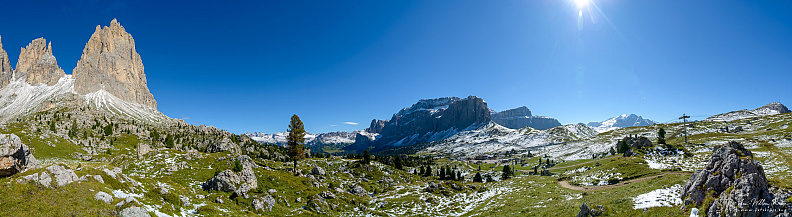 Panorama photo of the Sella Pass with the Langkofel group and the Sella group