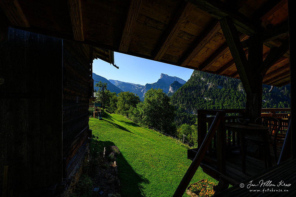 View towards mountain Pointe de Sales (2495 m) from the Edelweiss Room at Chambres d'hôtes du Mont